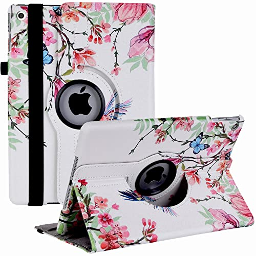 Funda Protectora para Nuevo iPad 9ª Generación 2021/iPad 8ª Generación 2020 10.2'', Carcasa Trasera con Soporte Giratorio 360° y Auto Estela/Sueño para iPad 7ª Gen 10.2 2019 (Flor de colibrí)