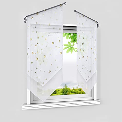 HeichkelL Voile Scheibengardine mit Goldenen Kreisen Bistrogardinen 2er Set Panneaux Doppelschicht Kurzstore Modern Küchenvorhang mit Quaste Gold BxH 40x90 cm 2 Stück