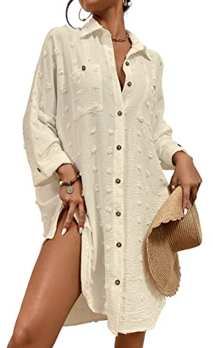 Bsubseach Bouton Vers Le Bas Chemise Blanche Femme Couverture Robes Chic Et Elegant Robe de Plage Swiss Dot Abricot