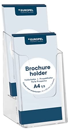 Europel Prospekhalter mehrfach, aus glasklarem, recyclebarem Polystyrol, Format 1/3 A4, 2 Fächer, Außenmaße 123x199x108 mm, Fülltiefe pro Fach 31mm