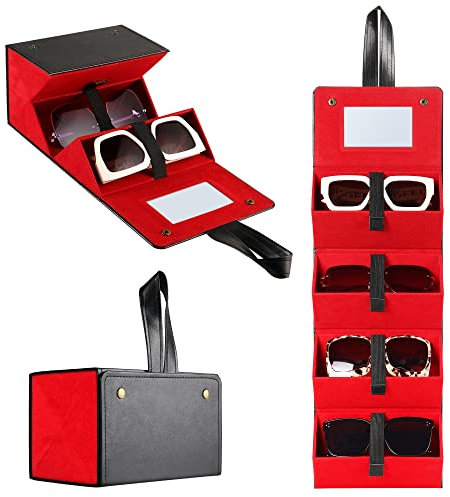 Muf Travel Sunglasses Organizer with 4 Slots,Upgraded Multi Sunglasses Case with Mirror & Strap,Suit for Oversized Sunglass,Foldable Sunglass Holder Sunglass Storage Case,Black and Red