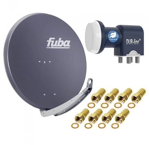 Satellitenschüssel Komplettset 4 Teilnehmer - Stromspar-Set | Fuba DAA 850 A Satellitenschüssel 85cm Alu anthrazit + DUR-line Blue Eco Quad LNB 4 Teilnehmer (stromsparend, DVB-S2, HDTV, UHD 4K/8K, 3D)