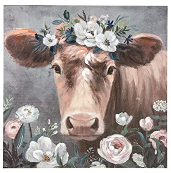 GILDE Bild Wandbild auf Leinwand XXL - Kuh mit Blumen - Wanddekoration XL zum Aufhängen - Deko Wohnzimmer Farbe: Naturtöne/Weiß - 90 x 90 cm