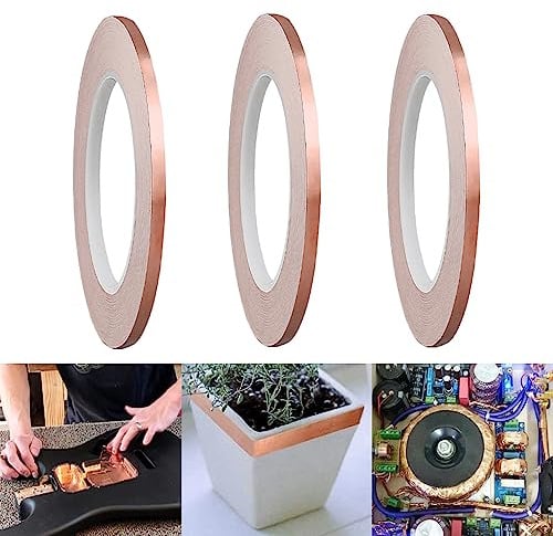 SKYPRO Kupferfolienband, Schneckenabwehrband, einzeln, leitfähig, selbstklebend, für EMI-Abschirmung, Glasmalerei, Gitarre, Pflanzenschutz, 5 mm x 10 m, 3 Rollen