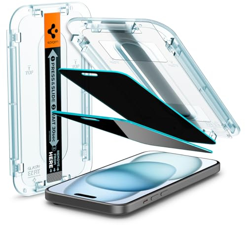 Spigen Glas.tR EZ Fit Sichtschutz Schutzfolie kompatibel mit iPhone 16, iPhone 15, 2 Stück, Privacy Schutz, Kratzfest, 9H Härte Folie