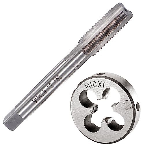 Saipor M10 X 1 Metric Tap and Die Set M10 x 1.0mm HSS Straight Fluted Machine Thread Right Hand Screw Tap and Round Threading Die