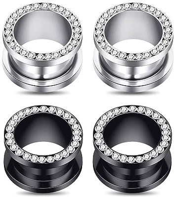 Longbeauty 4 Stk Ohrtunnel Plugs Expander Gauges Stretcher Schwarz Silber Ohrringe Zirkonia Schraube Edelstahl Piercing Körperschmuck, 4MM