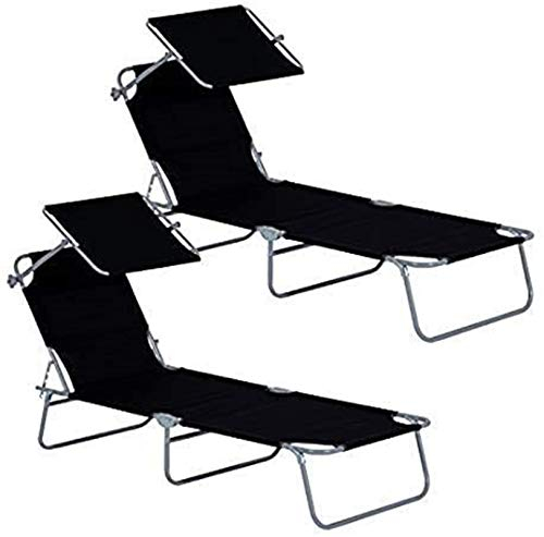 Leichte Gartenliege, leicht, Liegestuhl mit verstellbarem Sonnenschutz, 120 kg Tragkraft für Camping, Strand, Garten im Freien (2er-Set), Schwarz (Farbe: Schwarz) Present