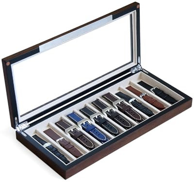 Bonaking Uhrenarmband-Organizer mit 10 Fächern, Holzhalter für Herren, Geschenk, Aufbewahrung mit Walnussholz-Finish und Glasfenster oben (Walnussfurnier)
