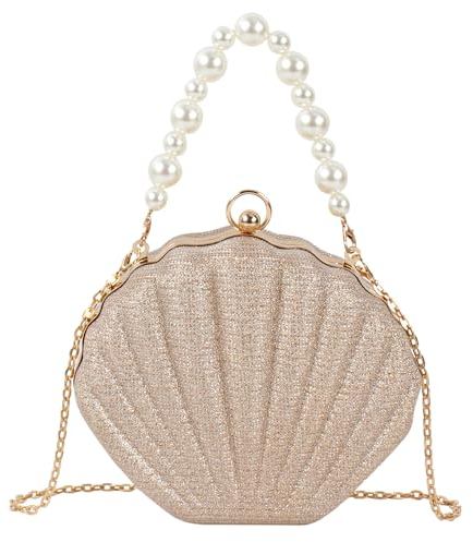 MilyaDE Damen Glitzer Muschel Clutch Acrylic Paillette Geldbörse Schultertasche Umhängetaschen Handtasche mit Perlen Metal Ketten 19,5 * 6 * 16,5cm, Gold