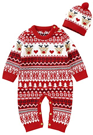 Satin Schlafanzug Herren Kurz Neugeborenes Kind Jungen Weihnachten Strickpullover Baby Overall Strampler Baumwolle 1 Stück Weihnachtsmütze Mützen Outfits Kleidung Set (Z1103-2-Red, 0-3 Months)