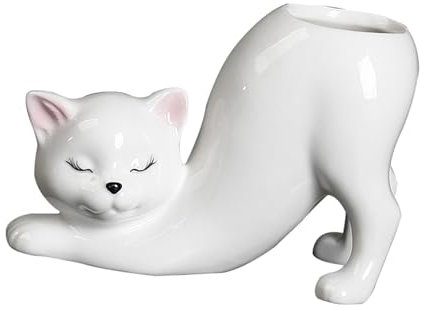 Leefasy Pot de fleurs en forme de chat de dessin animé, pot de fleurs en céramique pour terrasse, maison, salon, jardin, blanc
