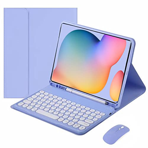VLEAQC Funda con Teclado y Ratón para Samsung Galaxy Tab A8 de 10,5 Pulgadas 2022, Teclado Trackpad Inalámbrico Desmontable, Tecla Redonda, Funda Liviana con Portalápices,Púrpura