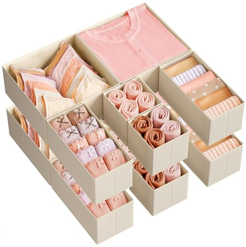 SONGMICS Drawer Organizers, Dresser Divider Organizers, Set of 12, Foldable Fabric Storage Boxes for Socks, Underwear, Bras, Ties, Scarves, Summer Sand URDZ006Y02