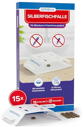 Patronus Trampa para pececillos de plata – 15 unidades – Trampa adhesiva con cebo sin veneno para la detección de infestaciones – Trampa para pececillos de plata para baño, cocina y demás – Incluye