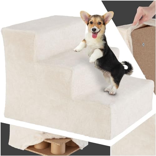 tectake® Escalera para Mascotas Muy Estable y Ligera, Escalera para Perros y Gatos, Escalera Perro Cama, Cubierta Súper Suave y Antideslizante, Materiales Robustos para Durabilidad - Arena