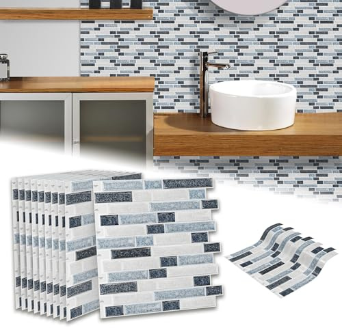 Froadp Adesivi per Piastrelle 30 x 30 cm, 3D Autoadesivi in PVC per Pareti Cucina e Bagno, 10 Pezzi (Tipo C - Grigio + Blu)
