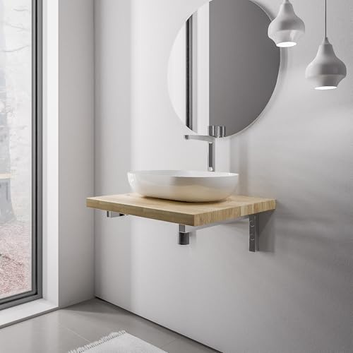 Bernstein PUREWOOD Waschtischplatte aus Eiche Massivholz – Hochwertige Echtholzplatte für Aufsatzwaschbecken, Breite: 80cm - Konsolenträger in Chrom, nachhaltige Holzplatte