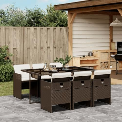 Homgoday 7-TLG. Garten-Essgruppe mit Kissen Gartenmöbel Set Gartenstuhl mit Tisch Balkonmöbel Sitzgruppe Essgruppe für 6 Personen für Garten, Terrasse, Balkon Braun Poly Rattan