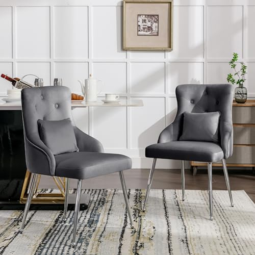 Merax Esszimmerstuhl 2er Set mit Lendenkissen, Moderne Sessel mit Hoher Rückenlehne, Wohnzimmerstuhl mit Metallbeinen, für Wohnzimmer, Schlafzimmer, Samt, Grau