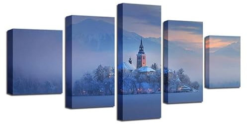 FatAco 5 Teile Berg Baum Gebäude Malerei Tuch Plakat Wanddekoration, Wandkunst Druckset (Rahmenlos)