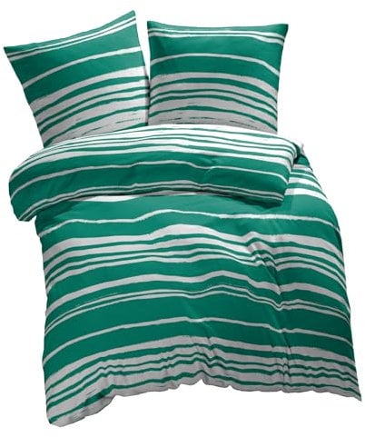 etérea Microfaser Bettwäsche 135x200 2er Set - Ganzjahres Bettbezug - Carola Gestreift Bettwäsche-Set mit Kissen 135x200cm + 80x80 cm Kissen - Opal