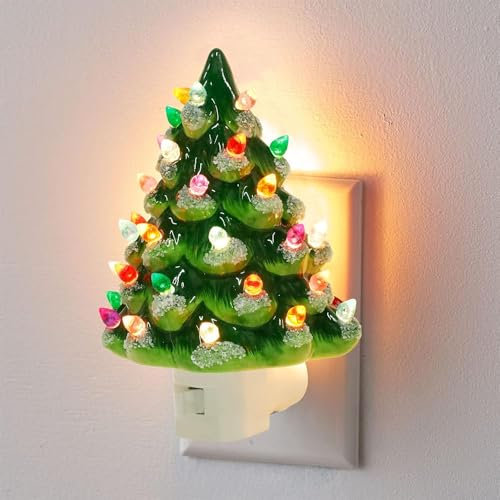 Luce notturna albero di Natale, luce notturna albero di Natale in ceramica, luce notturna di Natale vintage, luce decorativa albero di ceramica da 6 con interruttore ON/Off per camera (Green)