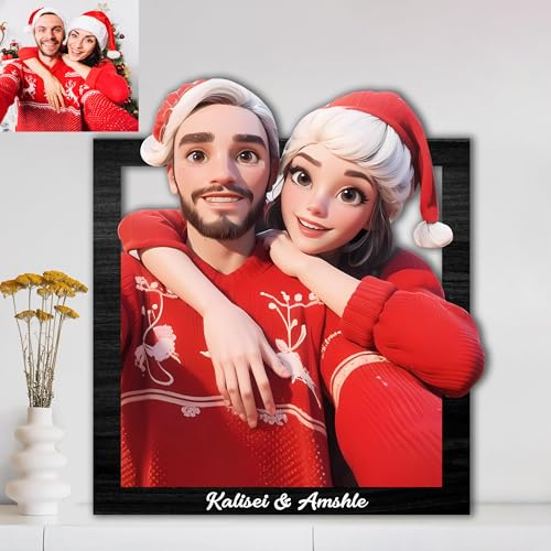 NOONATIVE Ritratto di cartone animato 3d personalizzato con Foto Cornice Portafoto in Legno,Cornici per Foto per Soggiorno, Foto Personalizzata Idea Regali Compleanno Natale per Lei Lui Uomo Donna