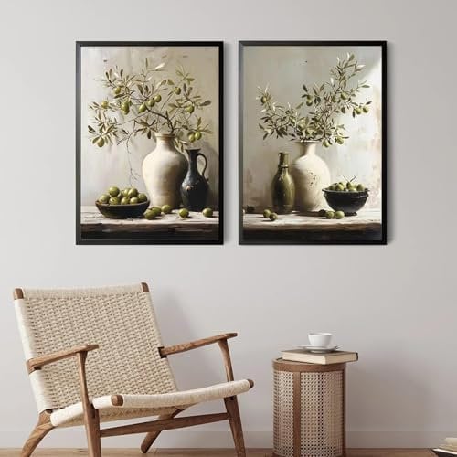 ytonghao Vintage Stillleben Poster Drucke Zitronen Olivenbaum Pflanzen in Vase Wandkunst Leinwand Malerei Botanisches Zuhause Zimmerdekor 19,6 x 27,5(50x70cm) x2 Kein Rahmen