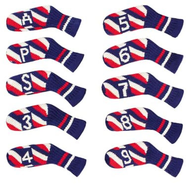 Scott Edward 10 Pcs Golf Iron Club Covers Head Covers for Irons Cuteness Basically Socks Shape Washable Golf Club Head Protector Double Sided Knit Suitable for Most Brands (Tricolor Stripe)
