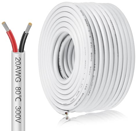Cavo elettrico a 2 fili, 2 x 0,5 mm², 20 m, 20 AWG, 5 V/12 V/24 V, cavo di alimentazione bianco stagnato, 300 V, flessibile e morbido, resistente alle alte temperature, prolunga da 20 m
