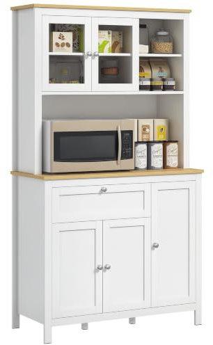 HOMCOM Credenza Cucina con Armadietti, Cassetto, 100x40x180 cm, Bianco | Piano Portamicroonde, Mobile Dispensa con Ante in Vetro, Ripiani Regolabili, per Soggiorno, Sala da Pranzo