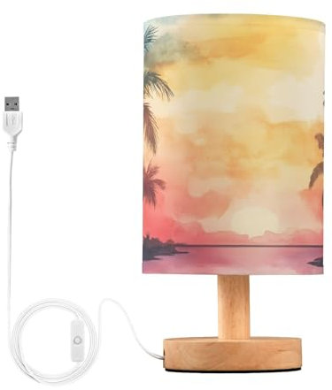 Ttgoth Lampe de chevet en forme de palmier de bord de mer pour chambre à coucher, petite lampe de chevet LED avec ports USB et abat-jour en tissu pour salon, dortoir, maison, bureau