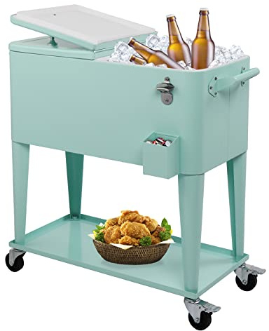 Bonnlo Large Capacity Beverage Cooler Cart, Mobile Bar Cart with Shelf, Drinks Bucket on Wheels, Insulated Ice Chest for Barbeque, 80-Quart, Mint Green