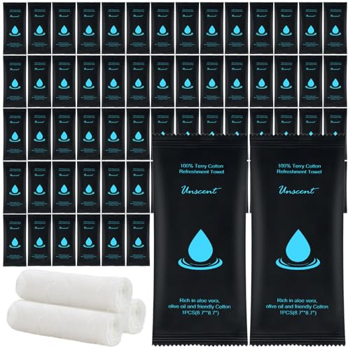 Hot or Cold Moist Cotton Towel Bulk Moist Towelettes Individually Wrapped | 50 White Towel Services,Refreshment Pre Moistened Towels Unscented for Travel Sport Party Dentist Hotel 8.7 x 8.7