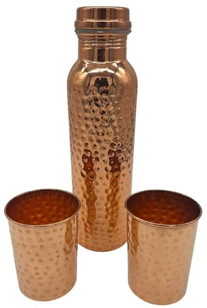 AB India Crafts Ensemble gourde et gobelet en cuivre pur – 1 bouteille (900 ml) + 2 gobelets (200 ml) – Design martelé – Fabriqué à la main en Inde – Bouteille d'eau ayurveda