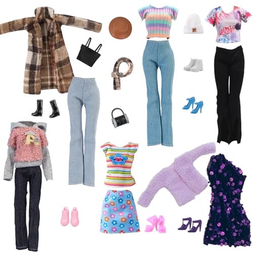 16 Stück Kleidung und Zubehör 11,5 Zoll Puppen1 Karo Mantel Set 1 Sportbekleidung 2 WinterSet 2 Freizeitkleidung 1Taschen 6 Schuhe 2 Mütze Schal Zufällig Geschenk für Mädchen
