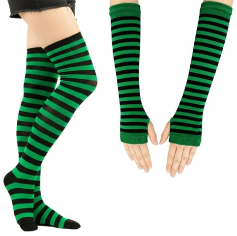 Lufdegim Damen Gestreifte Kniestrümpfe, Thigh Highs Socken Lange Strickhandschuhe Socken Set für Party Kostüm