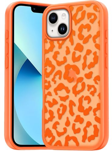 Tawarror Handyhülle für iPhone 13 Hülle, Matt Transluzente Aesthetic Leopard Muster Schutzhülle PC Rückseite Kratzfest TPU Fallschutz Stoßfest Anti-Fingerabdruck Case, Orange