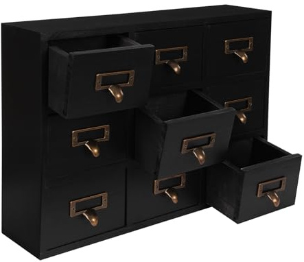 MEHOOSPVN Apothekerschrank mit Schubladen 9 Vintage Apotheker Schubladen Desktop Organizer für Zuhause & Büro Hölzerner Tischplatten Bibliothekskartei Katalogschrank Aufbewahrung für Schmuck, Schwarz