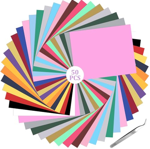 Ghligna 50PCS Heat Transfer Viny, 12x10 Inch HTV Sheets 25 Colors, Iron On Vinyl with Teflon Sheet & Weeding Hook for T-Shirts, Silhouette Cameo, Heat Press Machine