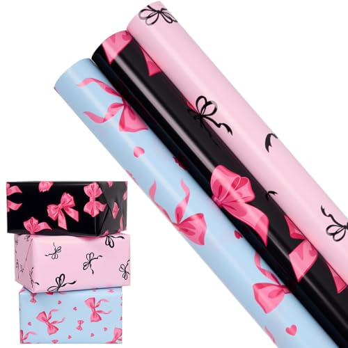 3 Rollen Geschenkpapier mit Schleifenmotiv, 43 cm x 3 m, recycelbar, ideal für Geburtstage, Hochzeiten, Junggesellinnenabschiede und Valentinstag