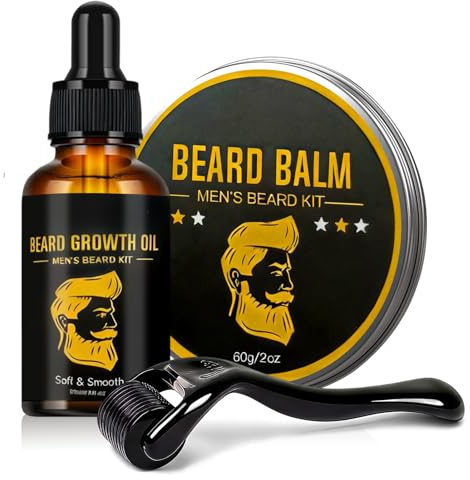 Bartwuchs Kit Mit Bartroller, Bart Balsam, Bartöl, Bartpflege Set FüR MäNner, für Schnurrbart und Haarwachstum, Bartpflege-Geschenk für Männer, Geschenke für Männers Vater, Verdicken Schnurrbart
