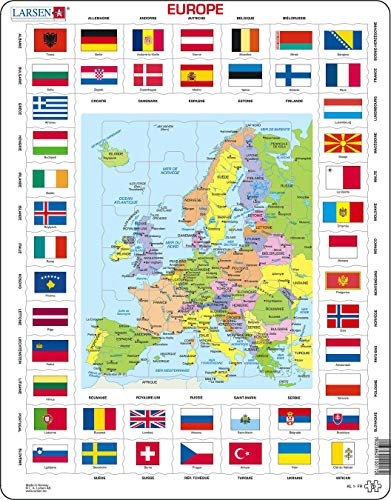 Larsen KL1 Drapeaux et Carte Politique de l’Europe, Âges 7-12, Puzzle éducatif géographie, 70 pièces, Apprendre Pays et Capitales