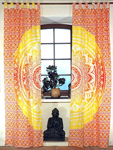 Boho Vorhänge, Gardine (1 Paar ) mit Schlaufen, handbedruckter ethno Style Vorhang, Mandala Motiv - orange/gelb / Vorhänge und Gardinen