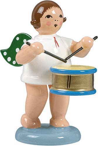 KDE Ellmann Engel mit Trommel - 6,5 cm - grüne Flügel - Weihnachtsengel Erzgebirge