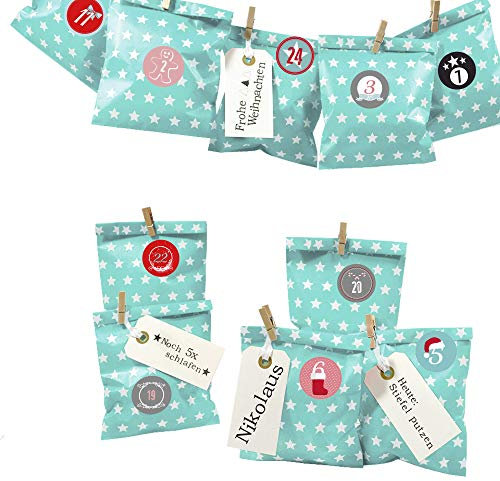 Frau WUNDERVoll® DIY Adventskalender zum Befüllen Bescherung: Set Stern 102, Papiertueten flach 13x16,5cm, Tuerkis Stern, Ziffern bunt