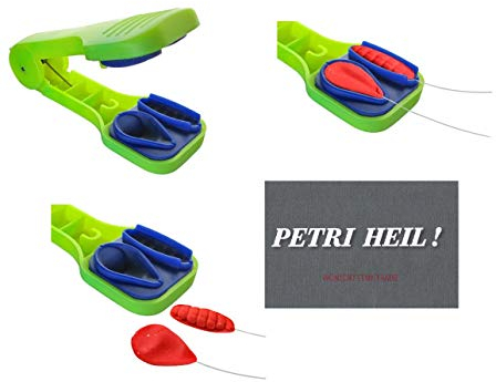 Set: 2 in 1 Forellenteig Former in realistischer Bienenmadenform und Tropfenform, Baitformer, gelb, grün oder rot + gratis Petri Heil! Aufkleber (grün)