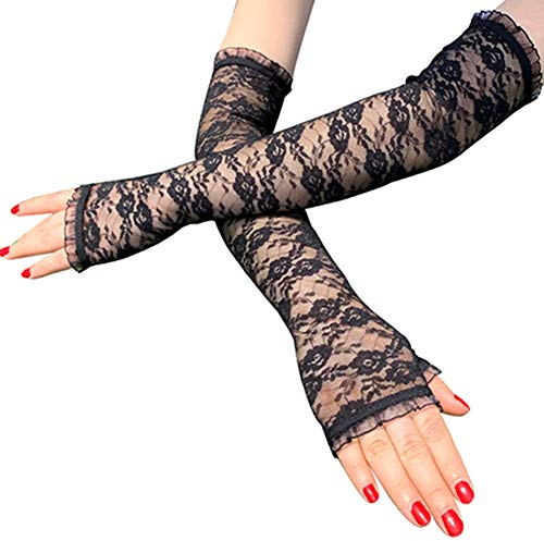 Egurs Spitze Lang Handschuhe Armstulpen Fingerlose Blumenmuster für Oper Hochzeit Party Karneval Tanzen Schwarz