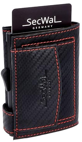SecWal Kartenetui mit Münzfach Druckknopf inkl. Geschenkbox - Made in Germany - Echtleder Mini Geldbörse inkl. E-Book für Damen und Herren - RFID Schutz Geldbeutel klein (Carbon Schwarz-Rot)